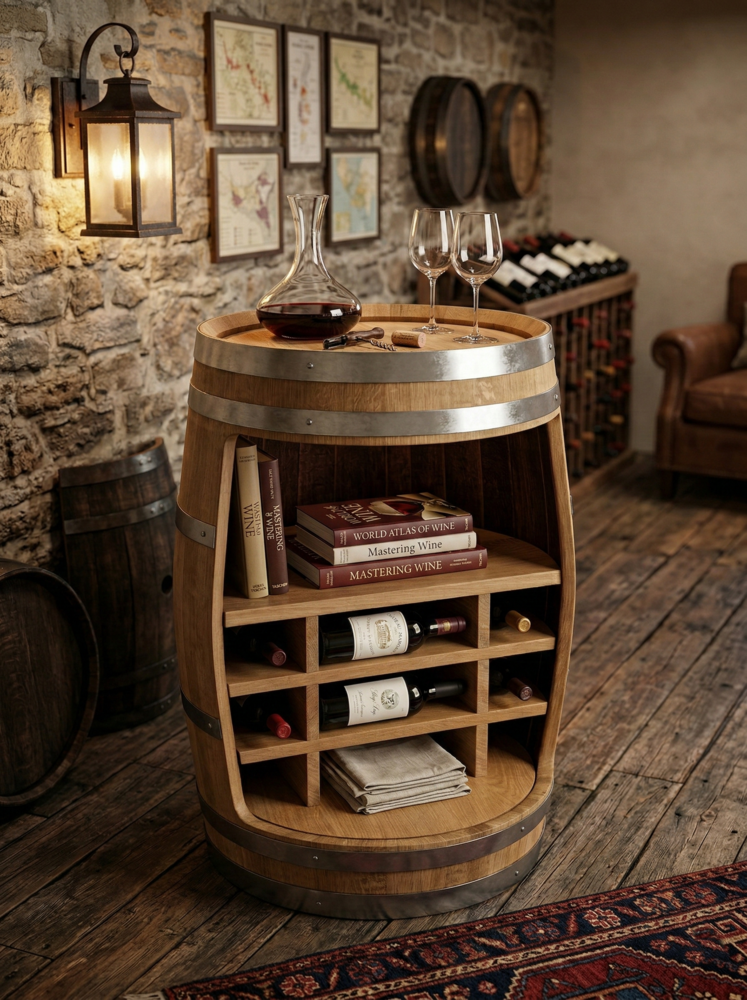 Bar en tonneau chêne massif 94 cm – Meuble cave à vin ouvert – Fabrication artisanale